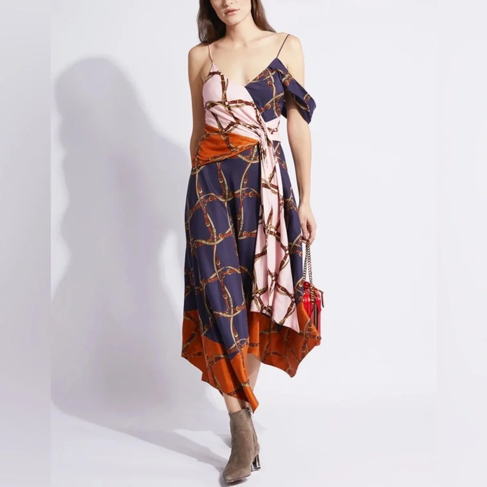 NWT Jonathan Simkhai Runway Saddle-Print Asymmetric Scarf Midi Dress size 6 - Picture 3 of 11